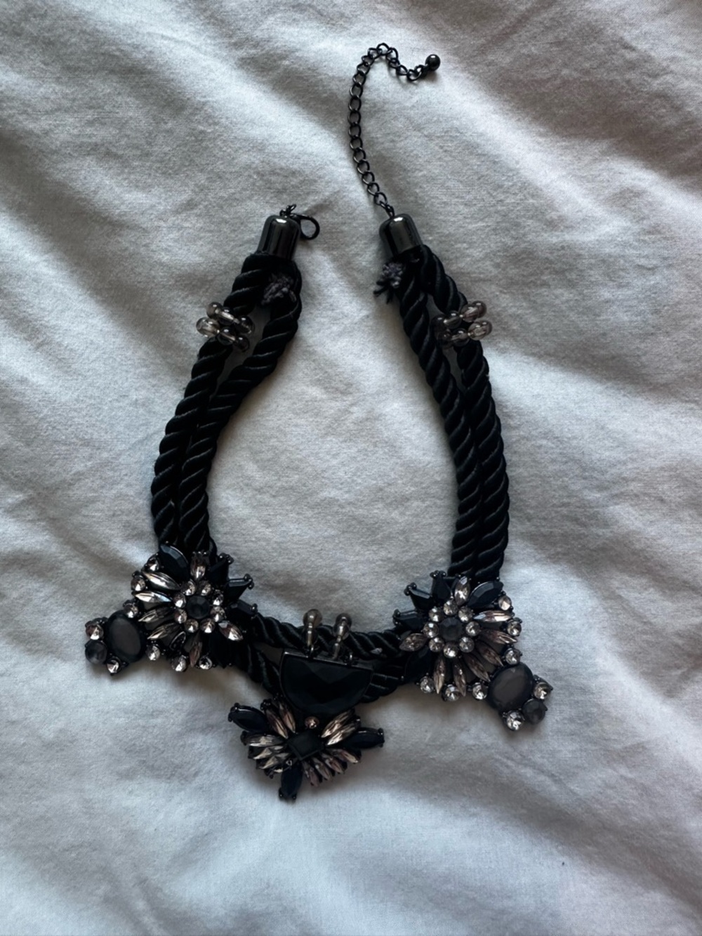 Black Rope Statement Necklace Crystal Floral Rhinestone Bib Necklace